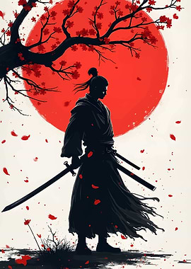 Samurai Silhouette with Cherry Blossoms