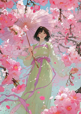 Girl with Umbrella in Cherry Blossoms