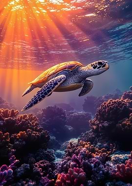 Sea Turtle Swimming Over Sunny Coral Reef
