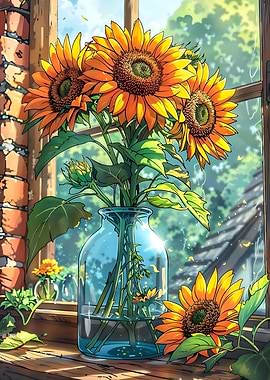Sunflowers in a Vase by Window