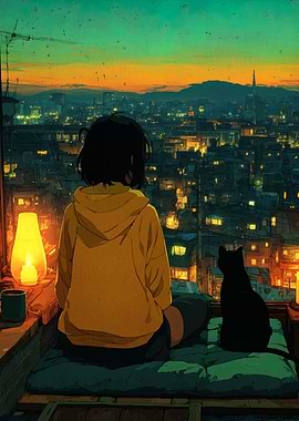 Rooftop View with Girl and Cat