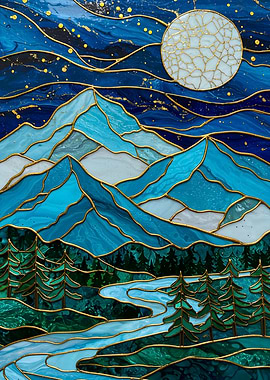 Stained Glass Mountain Landscape
