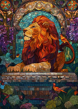 Stained Glass Lion with Birds