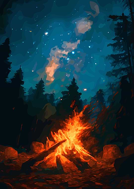Campfire under starry night sky