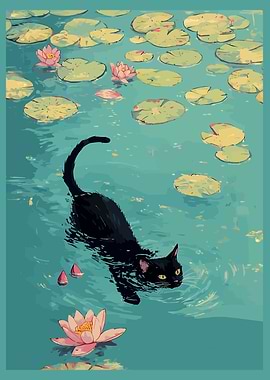 Black cat swimming in a pond