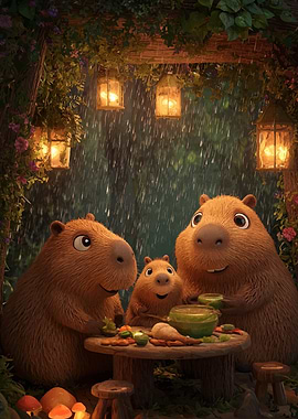 Capybara Family Dinner in the Rain