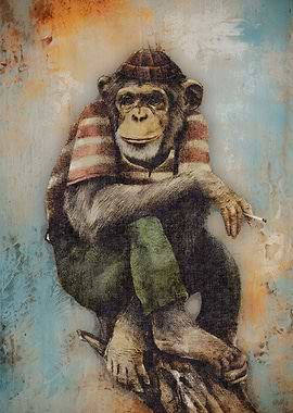 Smoking Chimp in Striped Shirt