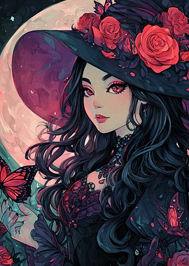 Anime Witch with Roses and Butterflies