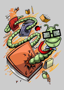 Cartoon Bookworm with Books and Apple