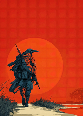 Anthropomorphic Crow Soldier Sunset