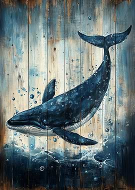 Whale Art on Wood Panel | Ocean Folk Art Print