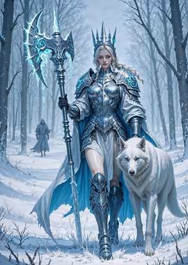Ice Queen with Wolf in Winter