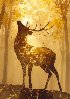 Golden Deer in Autumn Forest
