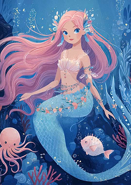 Cartoon Mermaid with Pink Hair