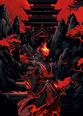 Fiery Samurai in Japanese Landscape