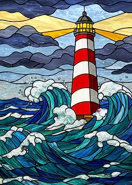 Lighthouse Stained Glass Ocean Waves
