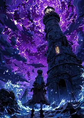 Lighthouse under stormy purple sky