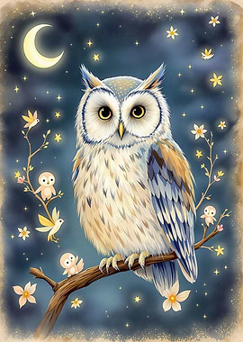 Enchanted Owl and Tiny Glowing Creatures