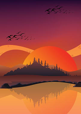 Sunset Landscape with Birds and Reflection