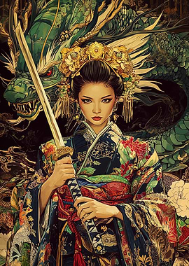 Asian Woman with Sword and Dragon