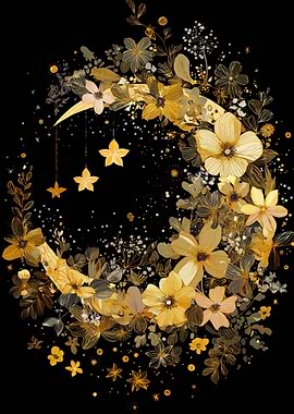 Golden Floral Crescent Moon with Stars