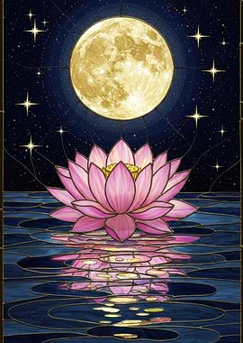 Lotus Flower Under Moonlight Stained Glass