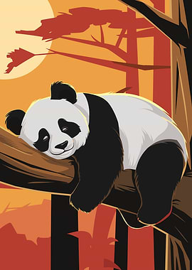 Sleeping Panda in Tree Illustration