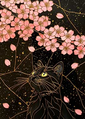 Black Cat and Cherry Blossoms