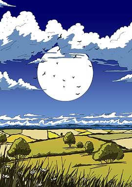 Rural Landscape with Moon and Birds
