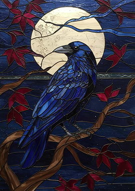 Stained Glass Raven and Moon