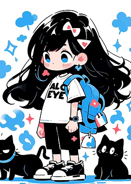Anime Girl with Cats and Backpack