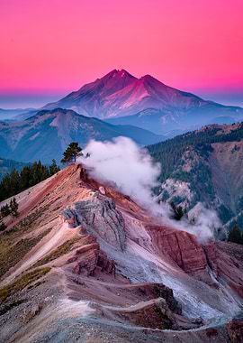 Mountain Landscape with Steam and Pink Sky