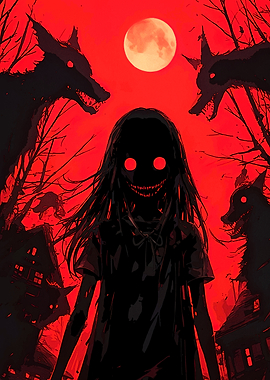 Creepy Girl Wolves Moon