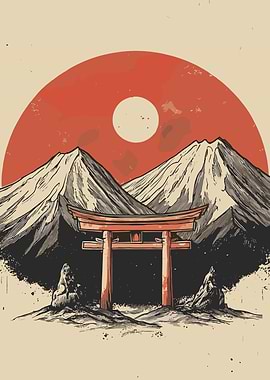 Japanese Torii Gate and Mountain Landscape