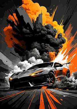 Racing Car with Explosion Background