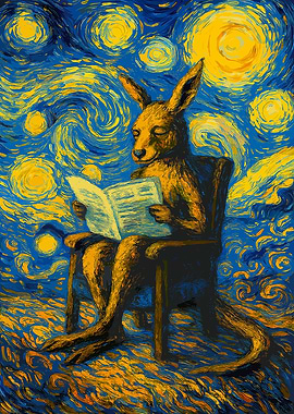 Kangaroo Reading Book Starry Night Style