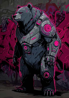 Cybernetic Bear with Graffiti Background