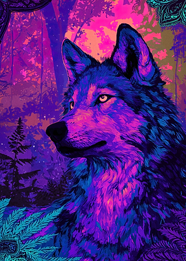 Neon Wolf Portrait in Forest
