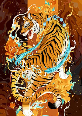 Roaring Tiger with Floral Accents