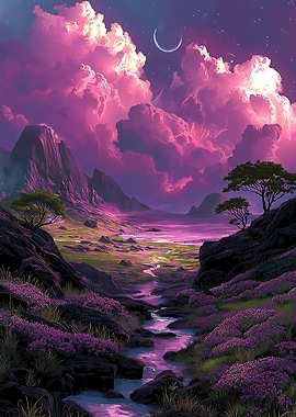 Pink Clouds Landscape with Stream
