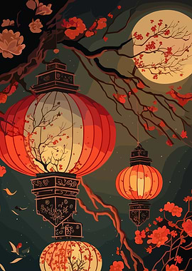 Chinese Lanterns and Blossoms at Night