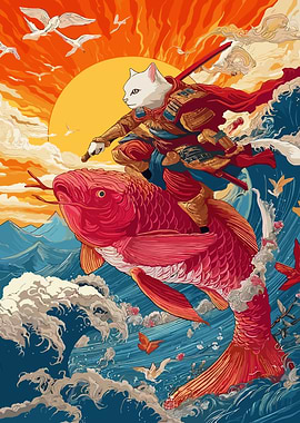 Cat Samurai Riding a Red Fish