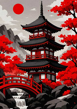 Japanese Pagoda with Red Bridge