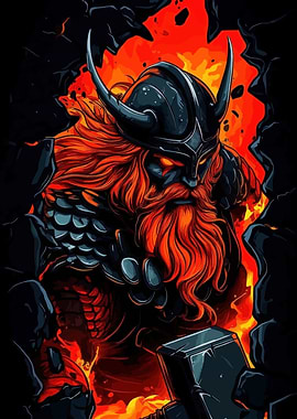 Viking Warrior with Hammer and Fire