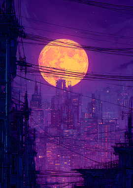 Cyberpunk Cityscape with Full Moon