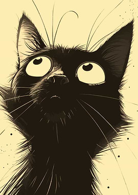 Cartoon Black Cat Looking Upward