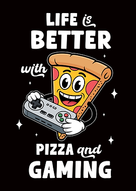 Pizza and Gaming Cartoon Illustration