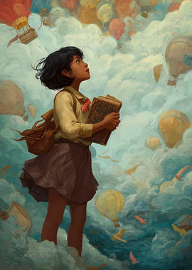 Girl with Book in Balloon Sky
