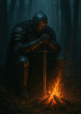 Knight by Campfire in Dark Forest