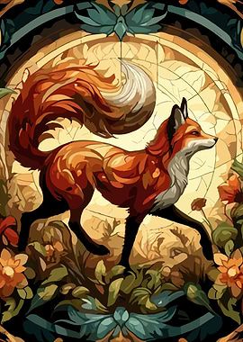 Fox in Floral Stained Glass Style